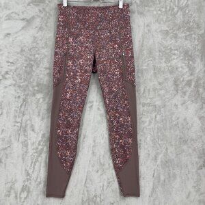 Athleta Rainier Printed Mesh Tight Sandstone Smoked Almond Zip Pockets